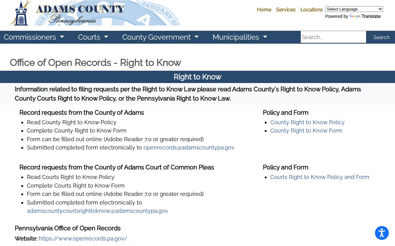 Adams County release record Right-to-Know request page