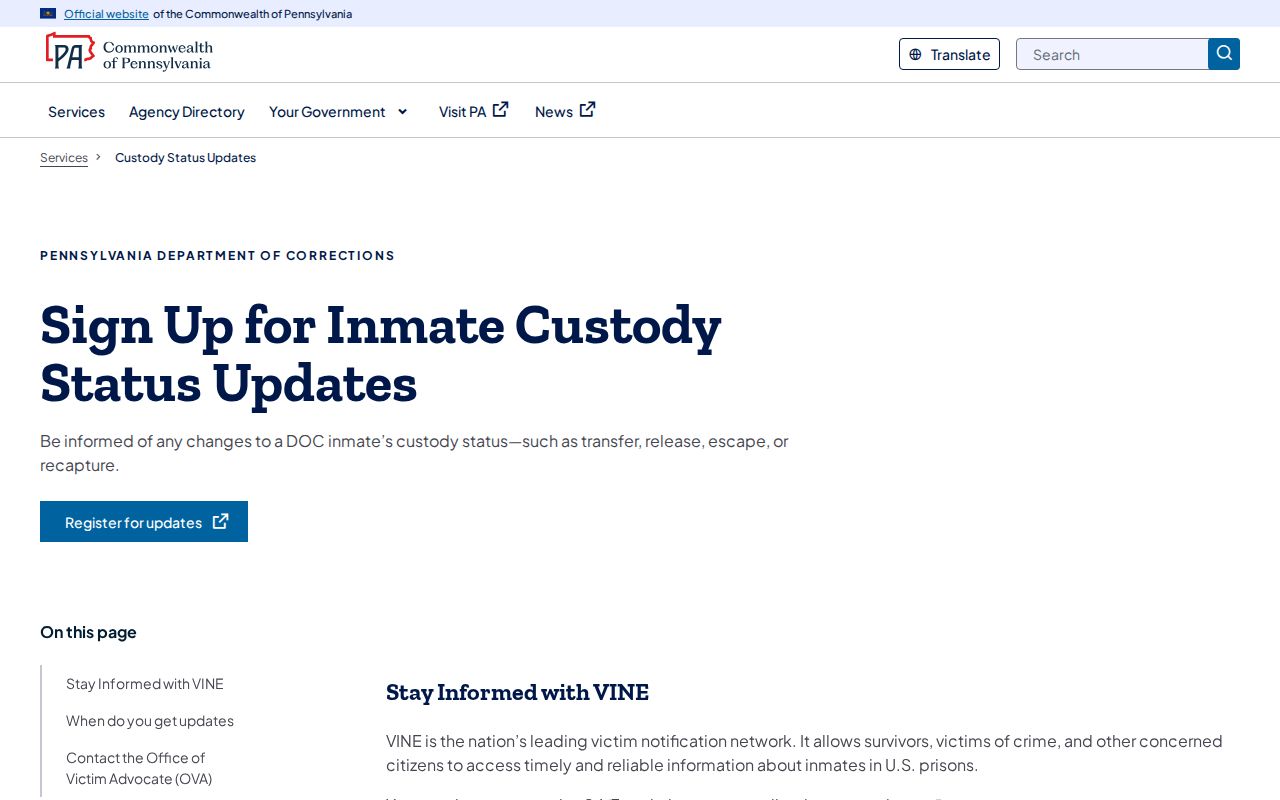 Pennsylvania custody updates for Adams County inmate release dates